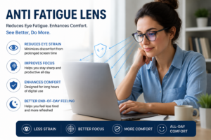 Anti fatigue lens helping reduce eye fatigue during extended computer and digital device use.