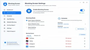 Blocking screen settings for managing restricted apps and website access