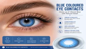 Close-up of blue coloured eye contacts showing vibrant color and realistic appearance.