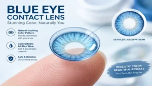 Close-up of blue eye contact lens showing detailed color pattern and natural-looking design.