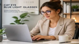 Woman wearing cat eye blue light glasses while working on a laptop in a modern office