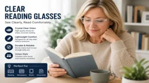 Clear reading glasses worn while reading a book in a comfortable home setting