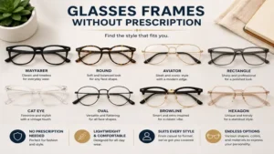 Different glasses frames without prescription shown in a variety of modern frame styles