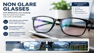 Non glare glasses with anti reflective lens coating for clearer vision and reduced glare
