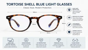 Front view of tortoise shell blue light glasses showcasing the classic frame shape and blue light filtering lenses.