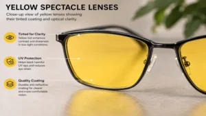 Close-up view of yellow spectacle lenses showing their tinted coating and optical clarity.