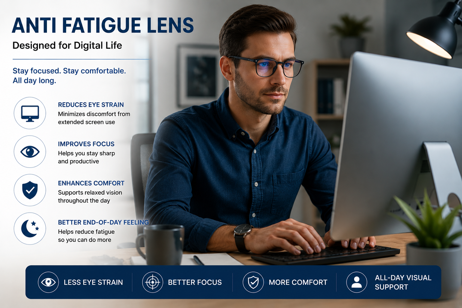 Professional wearing anti fatigue lens while working long hours on a computer.