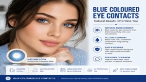Woman wearing blue coloured eye contacts for a natural everyday look.