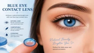 Blue eye contact lens creating a natural and bright eye color for everyday wear.