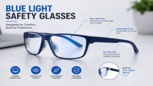 Side view of blue light safety glasses with clear protective lenses and a lightweight frame.