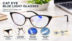 Close-up of cat eye blue light glasses highlighting elegant frame design, lightweight construction, and clear lenses