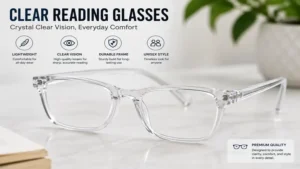 Close-up of clear reading glasses with transparent frames and high-clarity lenses