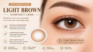 Brown contact lens in a light brown shade creating a soft, bright, and naturally beautiful eye color.