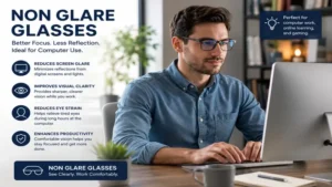 Non glare glasses helping reduce screen reflections and improve focus during computer use