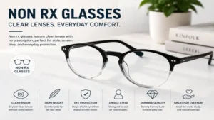 Non rx glasses with clear lenses designed for comfortable everyday use