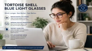 Person wearing tortoise shell blue light glasses while working on a laptop for improved visual comfort during screen time.