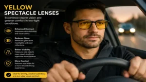 Person wearing yellow spectacle lenses while driving in low-light conditions.