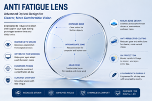 Close-up view of anti fatigue lens showing advanced optical design for comfortable vision.