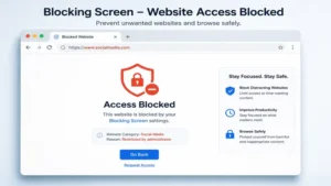 Blocking screen preventing access to restricted websites for safer browsing