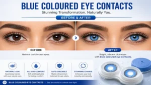 Before and after comparison featuring blue coloured eye contacts on dark eyes.