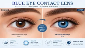 Before and after comparison demonstrating the effect of blue eye contact lens on natural eye color.