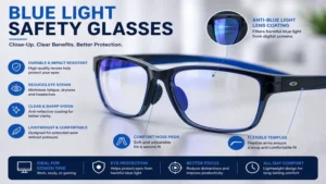 Close-up of blue light safety glasses highlighting anti-blue light lens coating and premium design.