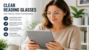 Woman wearing clear reading glasses while reading content on a tablet