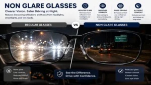 Non glare glasses improving visibility and reducing headlight glare while driving at night