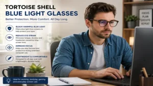 tortoise shell blue light glasses worn during computer use to help reduce glare and support all-day productivity.