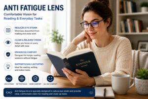 Person reading comfortably indoors with anti fatigue lens to support near vision.