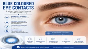 Blue coloured eye contacts enhancing light-colored eyes with a bright finish.