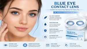 Blue eye contact lens designed for comfortable daily wear with realistic color enhancement.