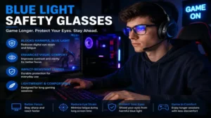 Gamer using blue light safety glasses to reduce digital eye strain during extended gaming sessions.