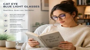 Person reading comfortably indoors while wearing cat eye blue light glasses