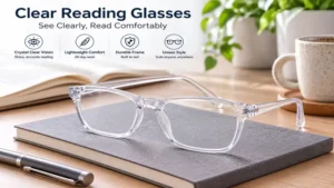 Clear reading glasses placed on a notebook beside a book, pen, and coffee