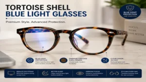 Close-up of tortoise shell blue light glasses highlighting the premium tortoise pattern and clear blue light blocking lenses.