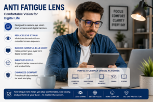 Anti fatigue lens providing comfortable vision during daily screen exposure and digital activities.
