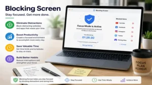 Blocking screen helping users stay focused by limiting distracting apps and websites