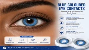 Blue coloured eye contacts providing vivid coverage on dark brown eyes.