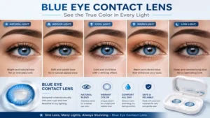 Blue eye contact lens displayed under different lighting conditions to show consistent vibrant color.