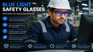 Industrial worker wearing blue light safety glasses for eye protection while using digital equipment.