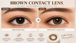 Brown contact lens before and after comparison demonstrating a natural eye color transformation.