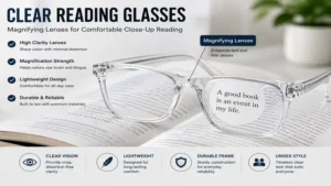 Clear reading glasses with magnifying lenses positioned over an open book for close-up reading