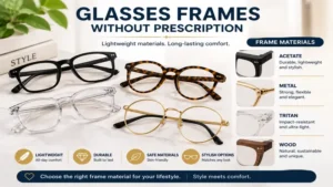 Glasses frames without prescription shown in different lightweight and durable materials
