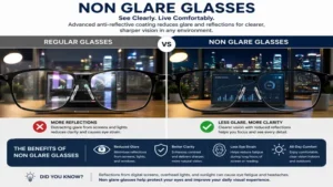 Non glare glasses comparison showing clearer vision and fewer reflections than regular lenses