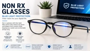 Non rx glasses with blue light filtering lenses for digital screen use