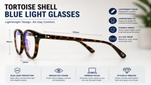 Side view of tortoise shell blue light glasses featuring a lightweight frame for comfortable everyday wear.