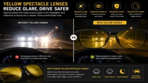 Yellow spectacle lenses helping reduce glare from headlights and reflective surfaces.
