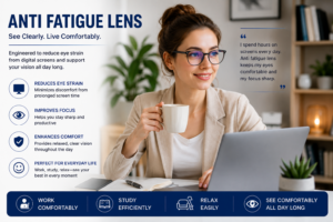 Young professional using anti fatigue lens for clear, relaxed vision at work and home.