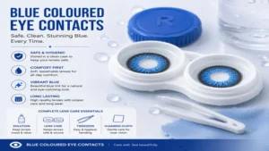Pair of blue coloured eye contacts stored safely in a clean contact lens case.